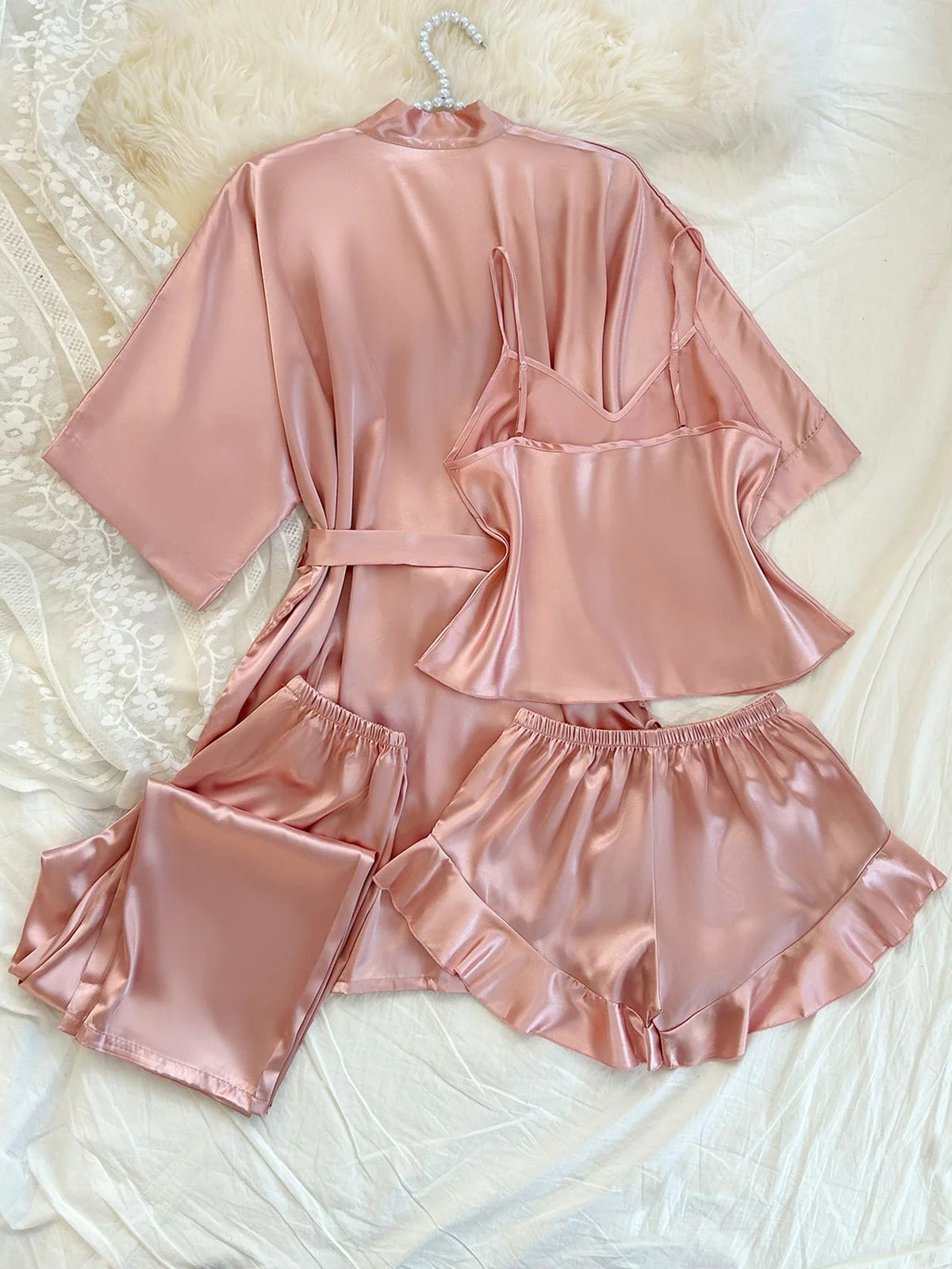Elegant Solid Satin 4 Pcs Pajamas Set Women Belt Robe V Neck Top Ruffle Hem Shorts And Long Pants Luxury Ladies Night Suit