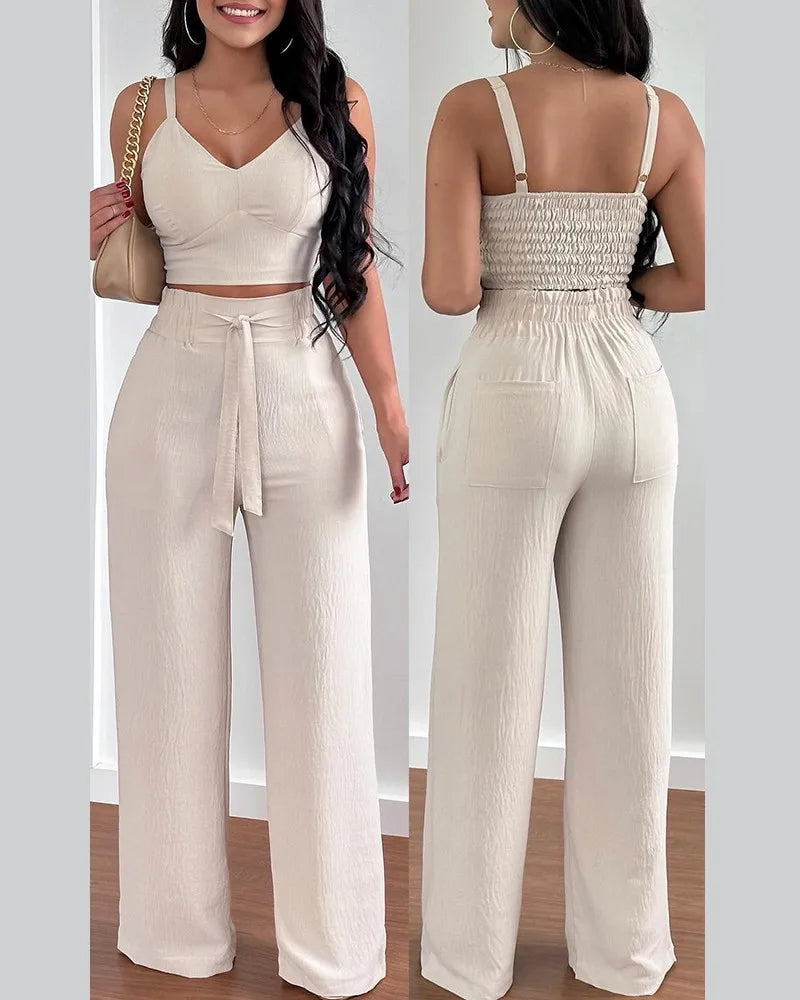 2 Piece Outfits For Women 2025 Sexy V-Neck Strap Shirred Slim Crop Top &amp; Lace-up Wide Leg Pants Sets Elegant Office Lady Suit