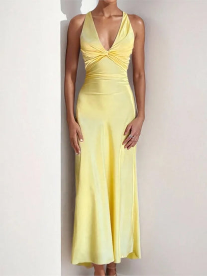 Sexy Elegant Party Long Dress Fashion Summer Solid Color V-Neck Halter Neck 2025 Backless Vestidos Sleeveless Beach Maxi Dresses