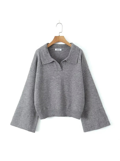 Foridol Grey Flare Sleeve Turn Down Collar Warm Winter Sweater Women Pullover Knitted Jumper Autumn Casual Sweater Loose