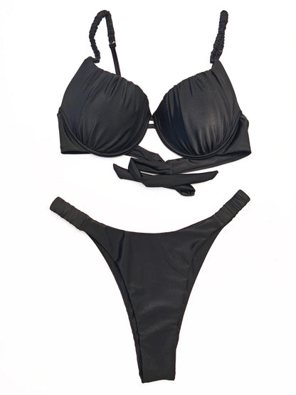 New pleated hard cup sexy bikini solid color swimsuit women&