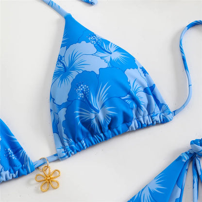 Sexy Rose Red Flower Print Micro Thong Bikini Women Swimwear 2026 String Halter Swimsuit Swimming Wear Triangle Bikinis Sets