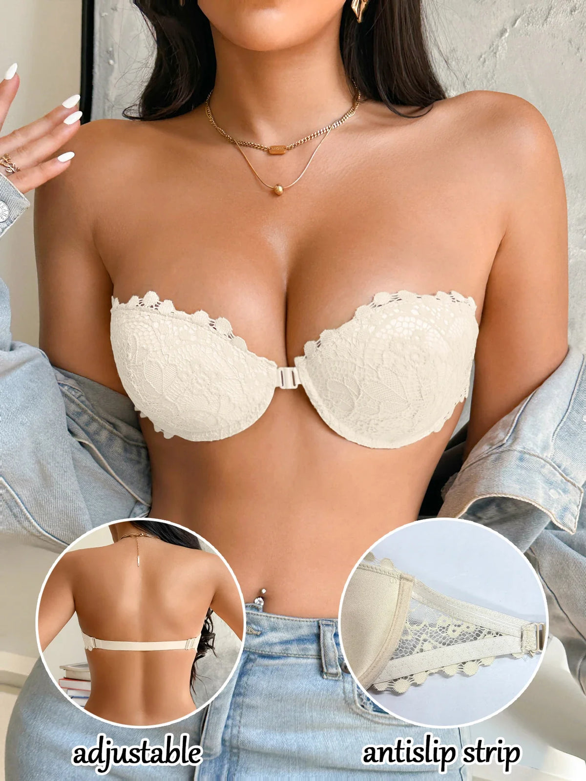 Half Cup Lace Women Strapless Bra Stylish Push Up Underwire Bra Comfortable Front Closure Daily Women&