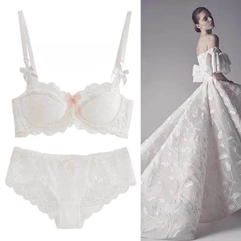 Modest French Pure Desire Bralette AB Cup Full Coverage Lace Bra &amp; Set Small Bust Push Up Wireless for Chubby Girl Bow Plus Size