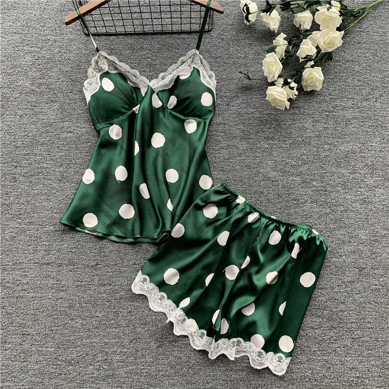 Polka Dot Print Satin &amp; Lace Cami Shorts Set with Built-in Soft Padded – Top-Rated Women&