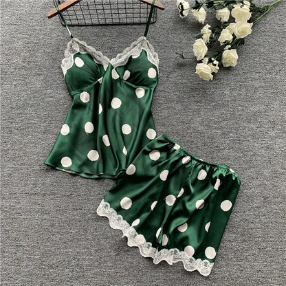 Polka Dot Print Satin &amp; Lace Cami Shorts Set with Built-in Soft Padded – Top-Rated Women&