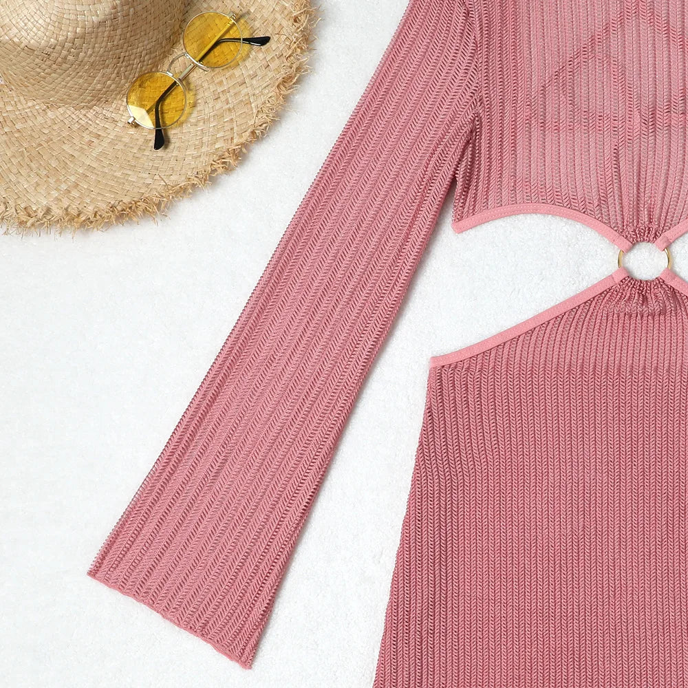 Women micro mini halter bikinis sets 3pcs with knitted long sleeve hollow out mini dress swimsuit bathing suit beach outfits