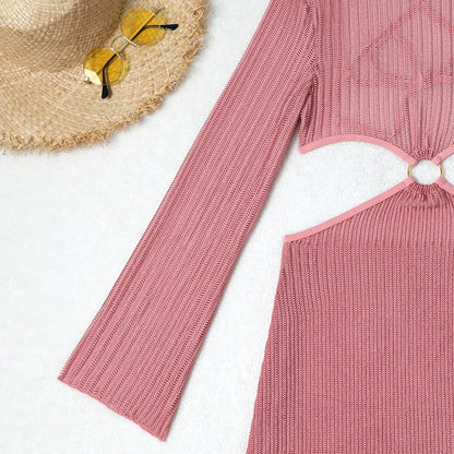 Women micro mini halter bikinis sets 3pcs with knitted long sleeve hollow out mini dress swimsuit bathing suit beach outfits