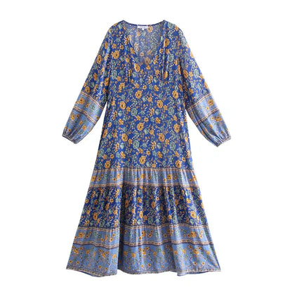 Foridol Bohemian Printed Floral Women Long Dress with Sleeve Spring Summer New in Midi Vestidos Casual Beach Boho Dress Women