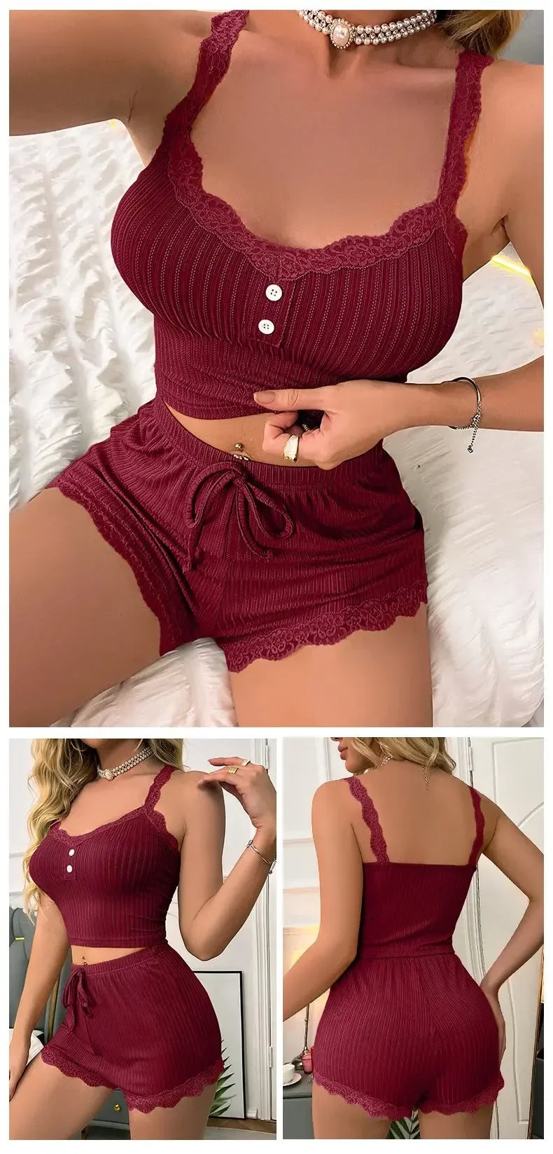 Women Sexy Pajama Set Ribbed Lace Trim Camisole Top &amp; Shorts Summer Sleepwear Two Piece Lounge Nightwear
