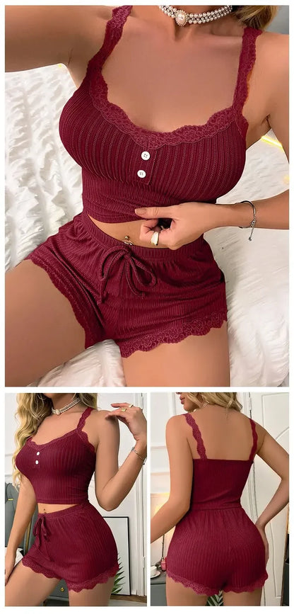 Women Sexy Pajama Set Ribbed Lace Trim Camisole Top &amp; Shorts Summer Sleepwear Two Piece Lounge Nightwear