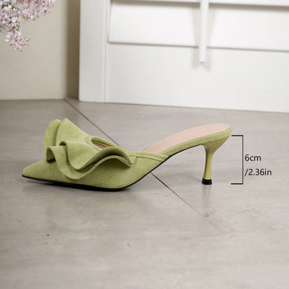 Women Pointed Toe Suede Ruffle Pleated Flare Cup Heel Slide Mules Slip‑On Party Dress Heeled Sandals Multi‑Color