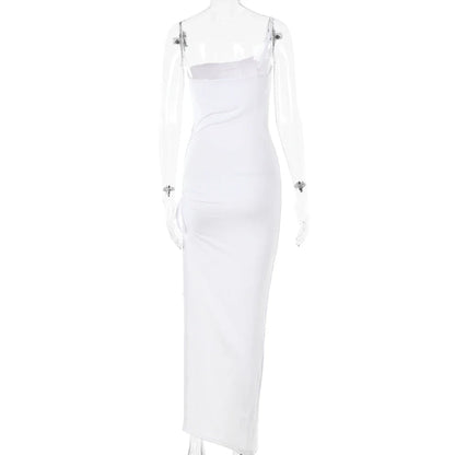 Drawstring High Slit Shoulder Slim Elastic Maxi Bodycon Dress