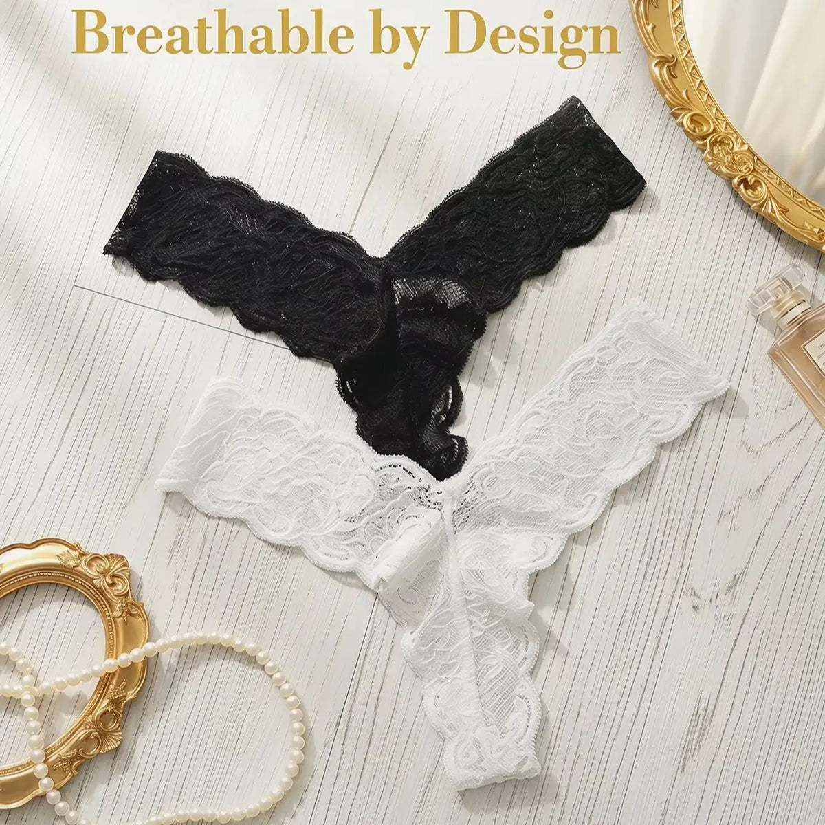 2 pcs Women Lace Thong Sexy G-string Floral Lace Vintage Elegant Understated Black White Sheer Low Rise Lingerie C915