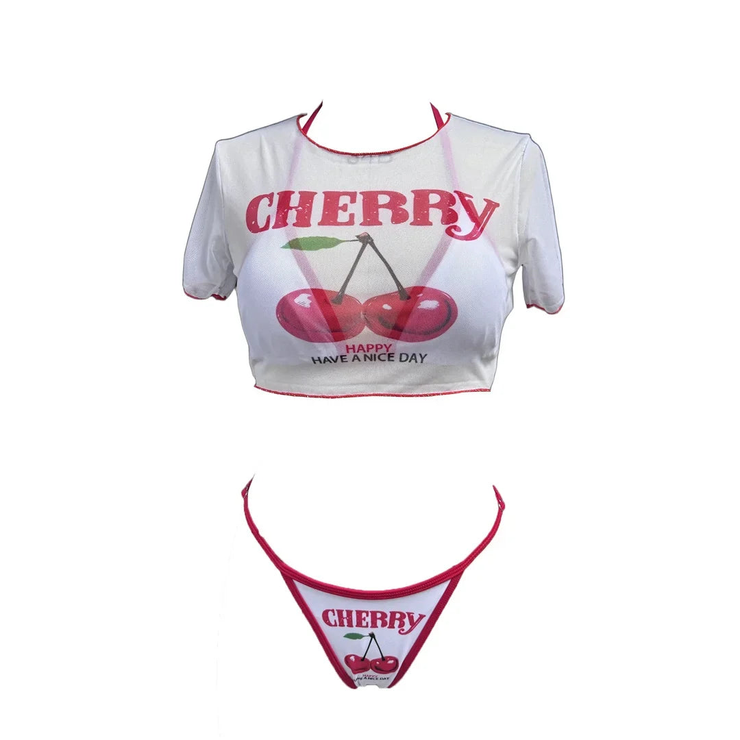 XS -XL Cherry Printed Short Sleeve Bikini Female Swimsuit Women Swimwear Three-pieces Bikini set Bather Bathing Suit Swim V6854