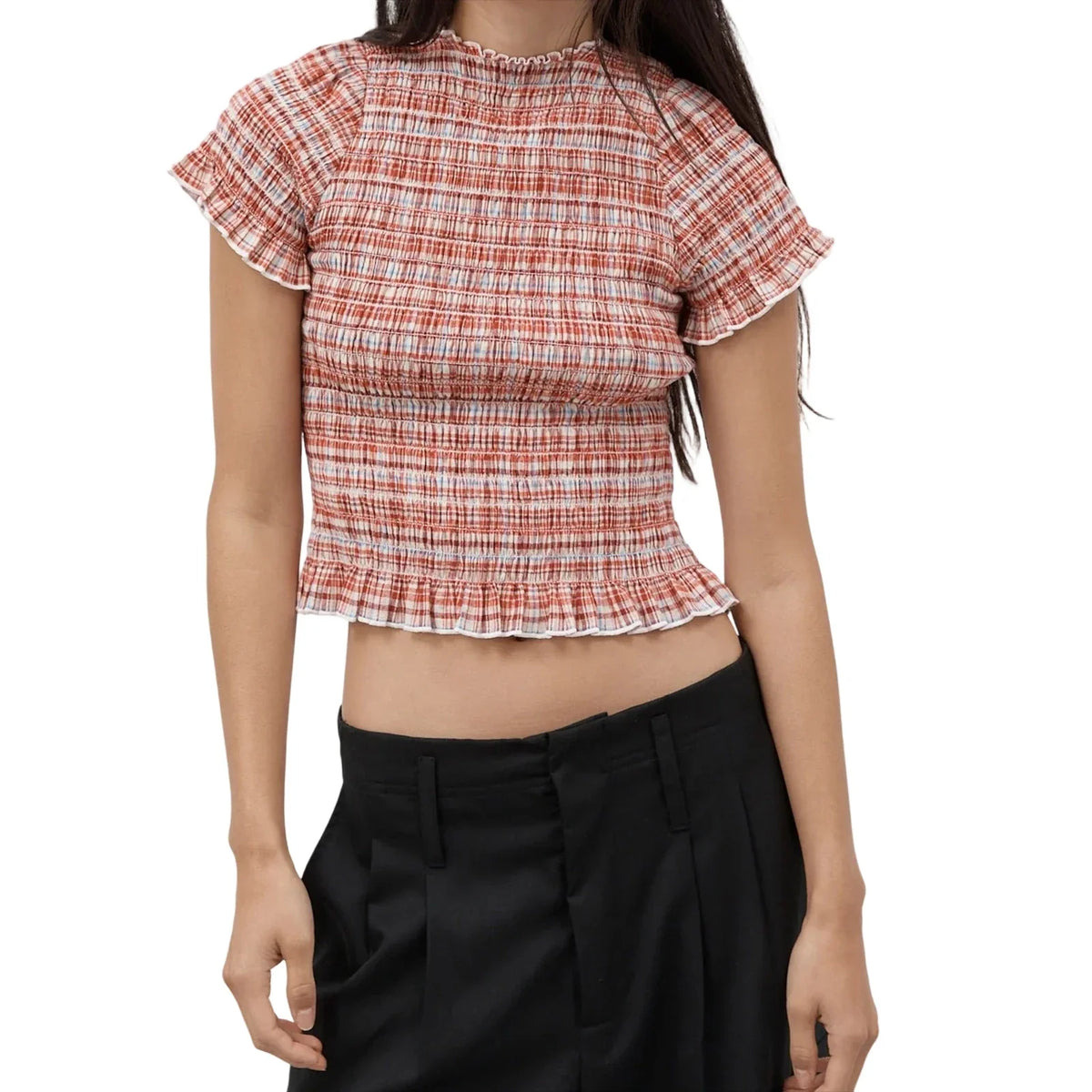 Women Casual Summer Plaid Print Shirred Tops Slim Mock Neck Short Sleeve Crop Ruffle T-shirts Streetwear
