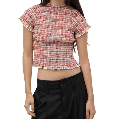 Women Casual Summer Plaid Print Shirred Tops Slim Mock Neck Short Sleeve Crop Ruffle T-shirts Streetwear