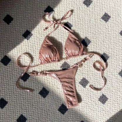 DEKA Sexy Brazilian Shiny Pearl Micro Bikini Faux Leather Swimwear Women Thong Swimsuit Halter Triangle Bikini Set Bathing Suit