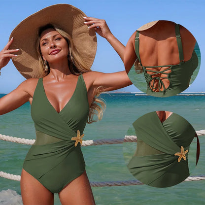 Brown One Piece Swimsuit Female 2025 Patchwork Swimwear Women Lace Up Bathing Suits Starfish Summer Beach Wear Sports Monokini