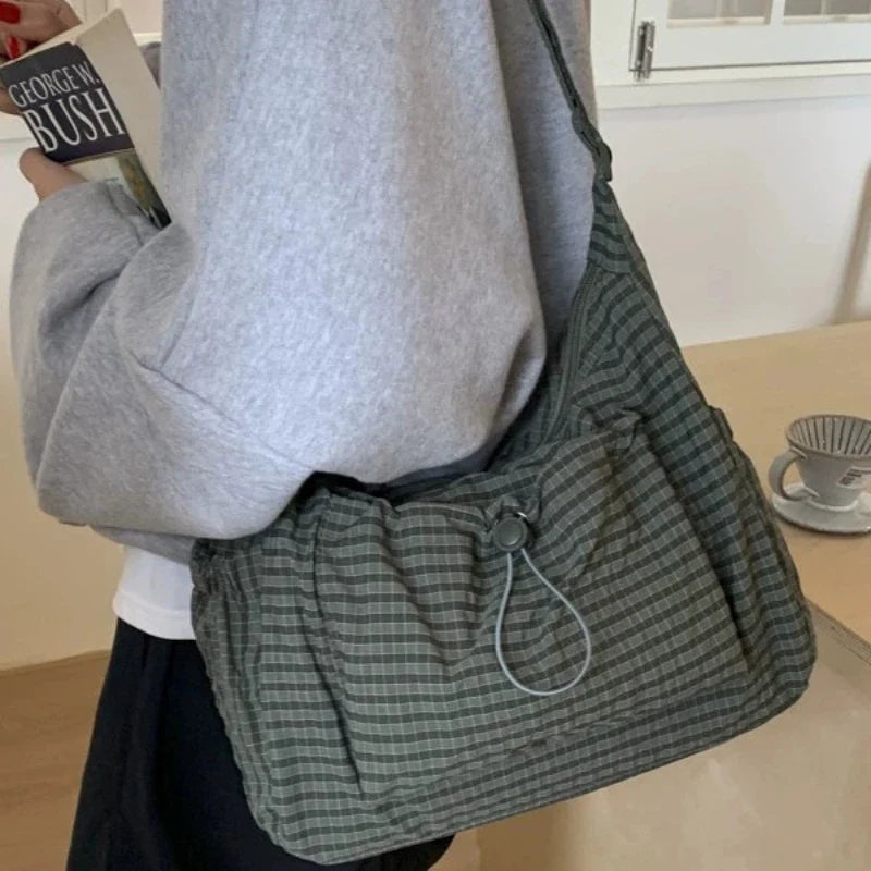 Brand Korean Nylon Crossbody Bag With Plaid Pattern - Phone Pocket
