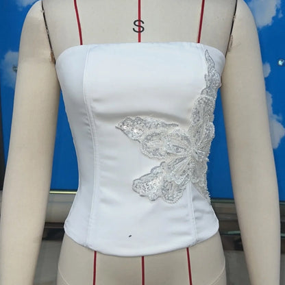 Women Summer Solid Color Back Bandage Crop Tube Tops Sequin Floral Off-Shoulder Bandeau Backless Vest for Streetwear