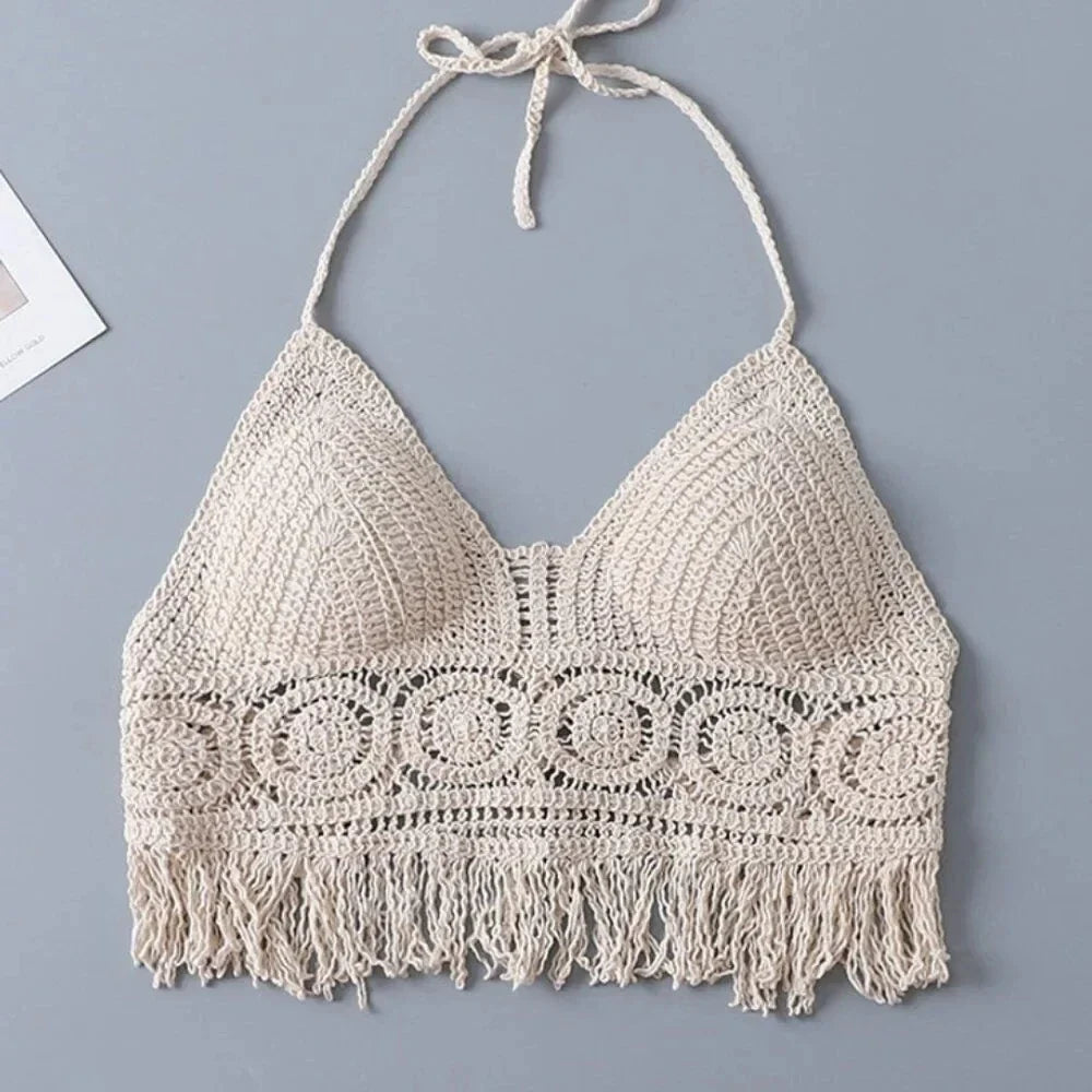 Boho Crochet Halter Top for Women Summer Beach Knit Crop Top with Tassels Backless Sleeveless Bralette