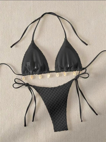 Sexy Bikini Set White Shell Designer Swimsuit 2025 New Halter Push Up Micro Bikinis Summer Bathing Suit Tie Side Thong Swimwear