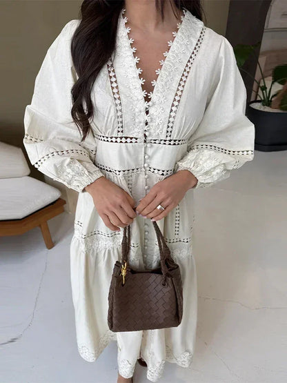 Elegant Lace Patchwork Hollow Out Dress Women Solid V-neck Long Lantern Sleeve Loose Dresses 2025 Spring Vacation Lady Robes