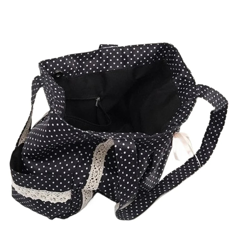Sweet Lace Shoulder Bag Korean Style Canvas Tote With Polka Dot Pattern Large Capacity And Multi Pocket