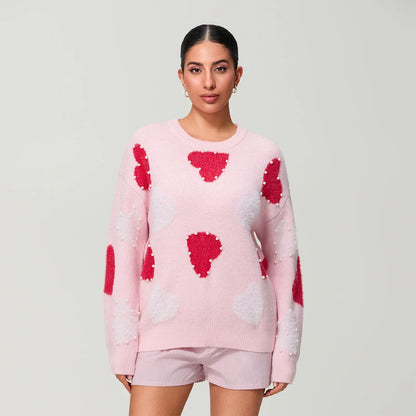 Women Spring Knitted Sweater Long Sleeve Round Neck Pearl Heart Print Knitwear Loose Pullover Tops