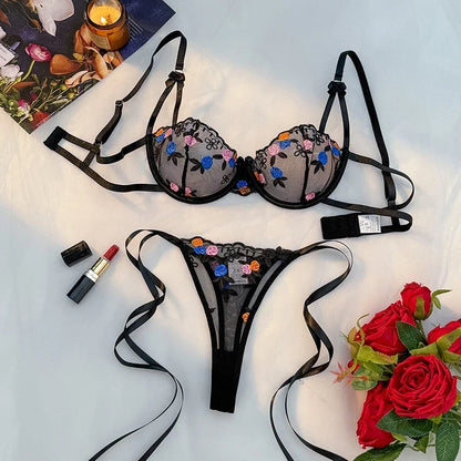 Rose Embroidery Lingerie Set Sexy Women&