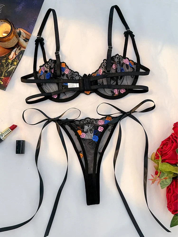 Rose Embroidery Lingerie Set Sexy Women&
