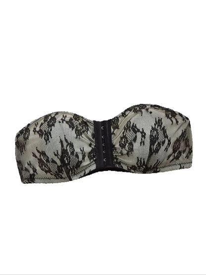 Summer Strapless Lace Bandeau Bra for Women Front Closure No Slip Bralette Padded Wireless Push Up Bra Demi Cup