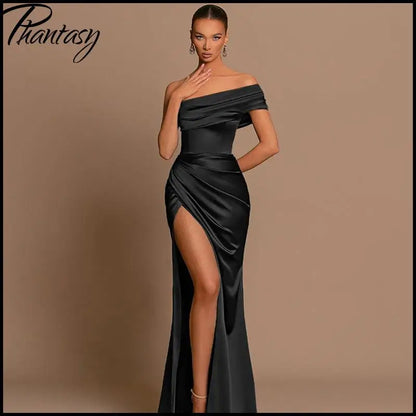 Elegant Satin Solid Color Off-Shoulder Women&