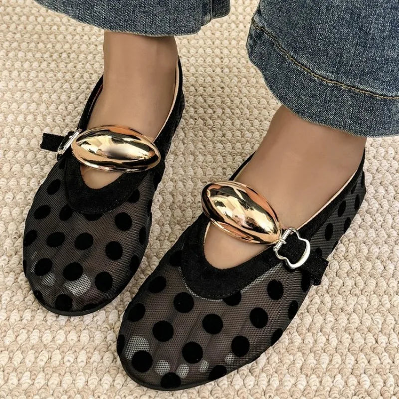 Korean Sle Polka Dot Me Breathable Flat Bot Mary Jane oes Women&