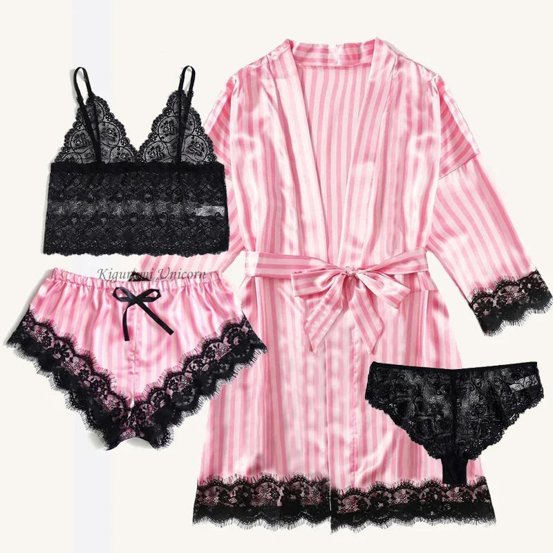 4PCS Women Pajama Suit Fashion V-Neck Stretch Silk Satin Robe Lace Sexy Lingerie Bathrobe Bowknot Pyjamas Shorts Set Sleepwear