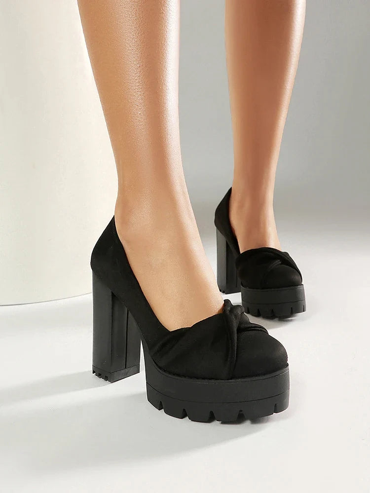 Plus Size Cross Soft PU Upper Platform Ultra Coarse Heel Shallow Breathable High Heels Office Women&