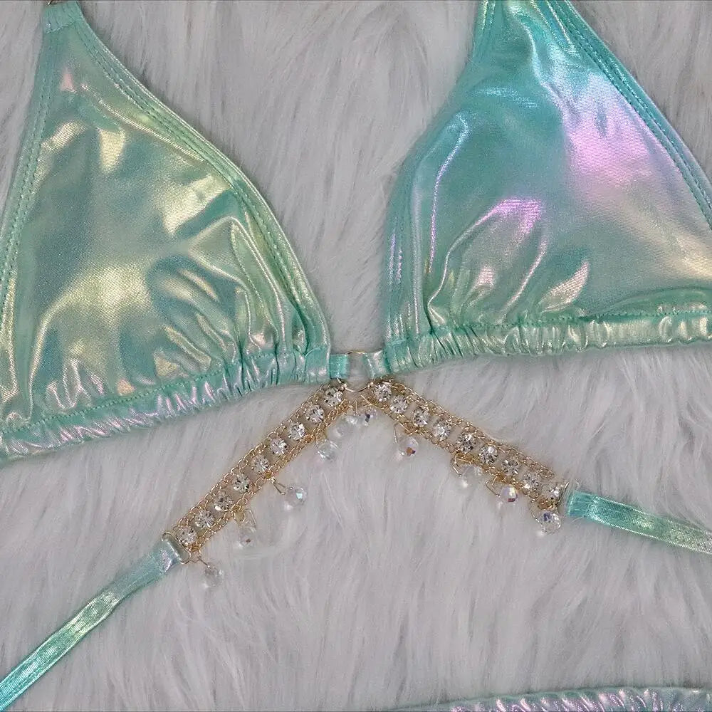DEKA Shiny Diamond Chain Bikinis Set Mujer Two Pieces Crystal diamond Swimsuit Women Thong Swimwear Sexy Halter Swimsuit