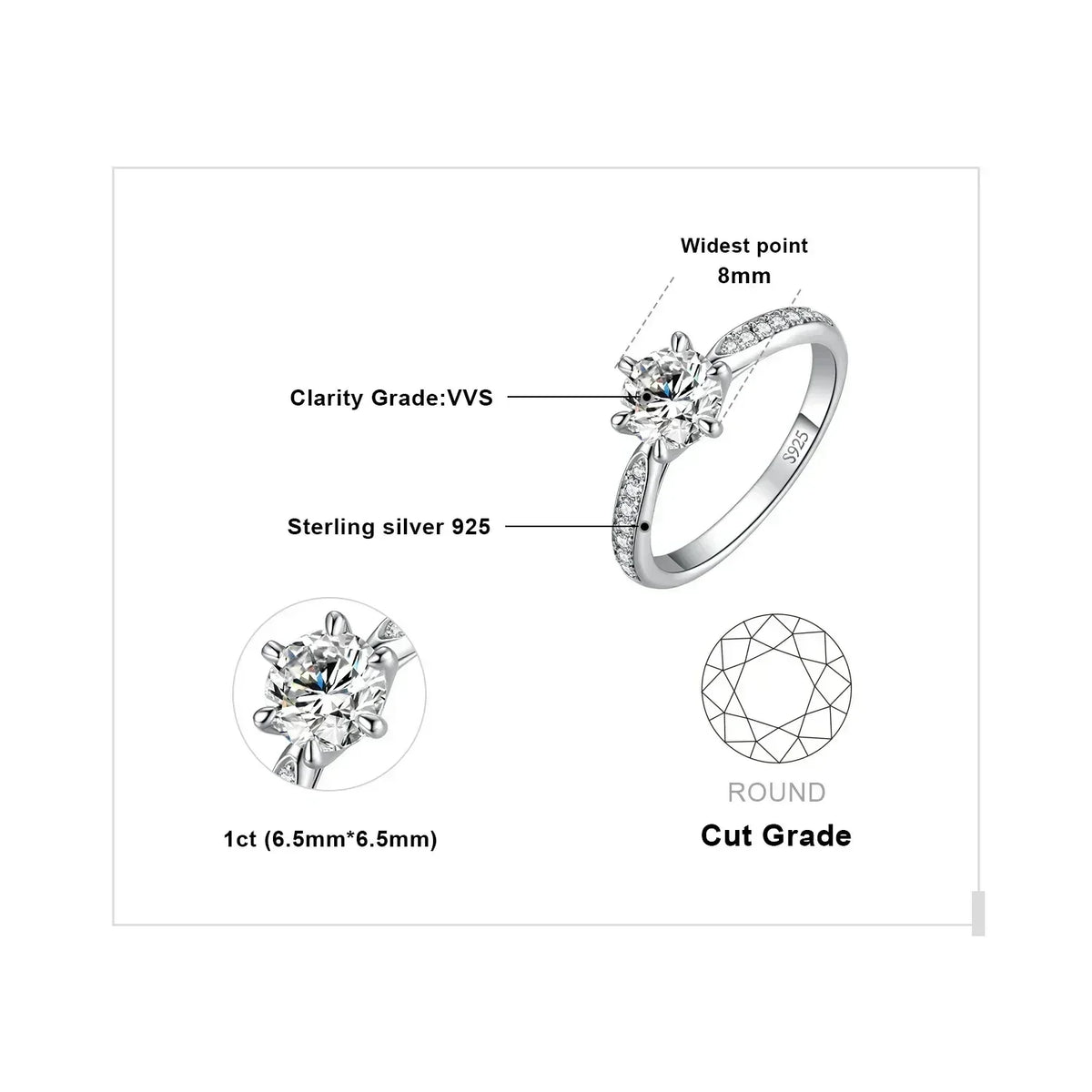 JewelryPalace Moissanite D Color 0.5ct 1ct 1.5ct 2ct 3ct Round S925 Sterling Silver Wedding Engagement Ring for Women