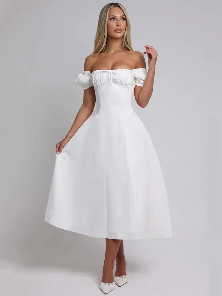 Bowknot Ruffles Light Blue Midi Dress Women&