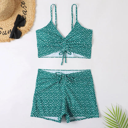 High Waist Bikini Swimsuit Women 2024 Floral Print Swim Suits Drawstring Front Shorts Boxers Swimwear Trunks Pool Bathing Suit