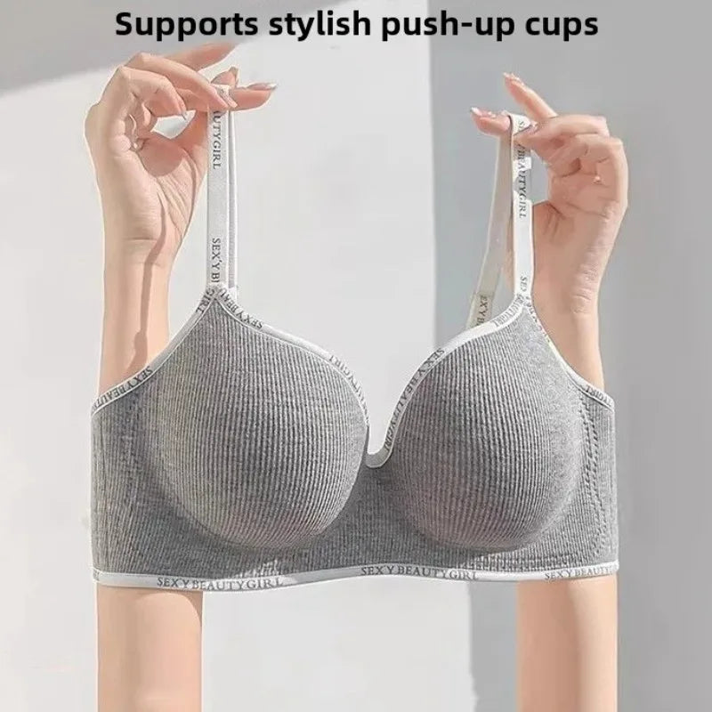 Thickened Push-Up Bra for Small Chest Wireless No Steel Ring Letter Print Adjustable Straps Anti-Slip Pads Seamless Lingerie