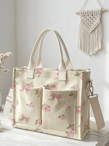 Corduroy Tote Bag Pink Rose Bow Print Large Capacity With Multiple Pockets For Commuter Or Everyday Use