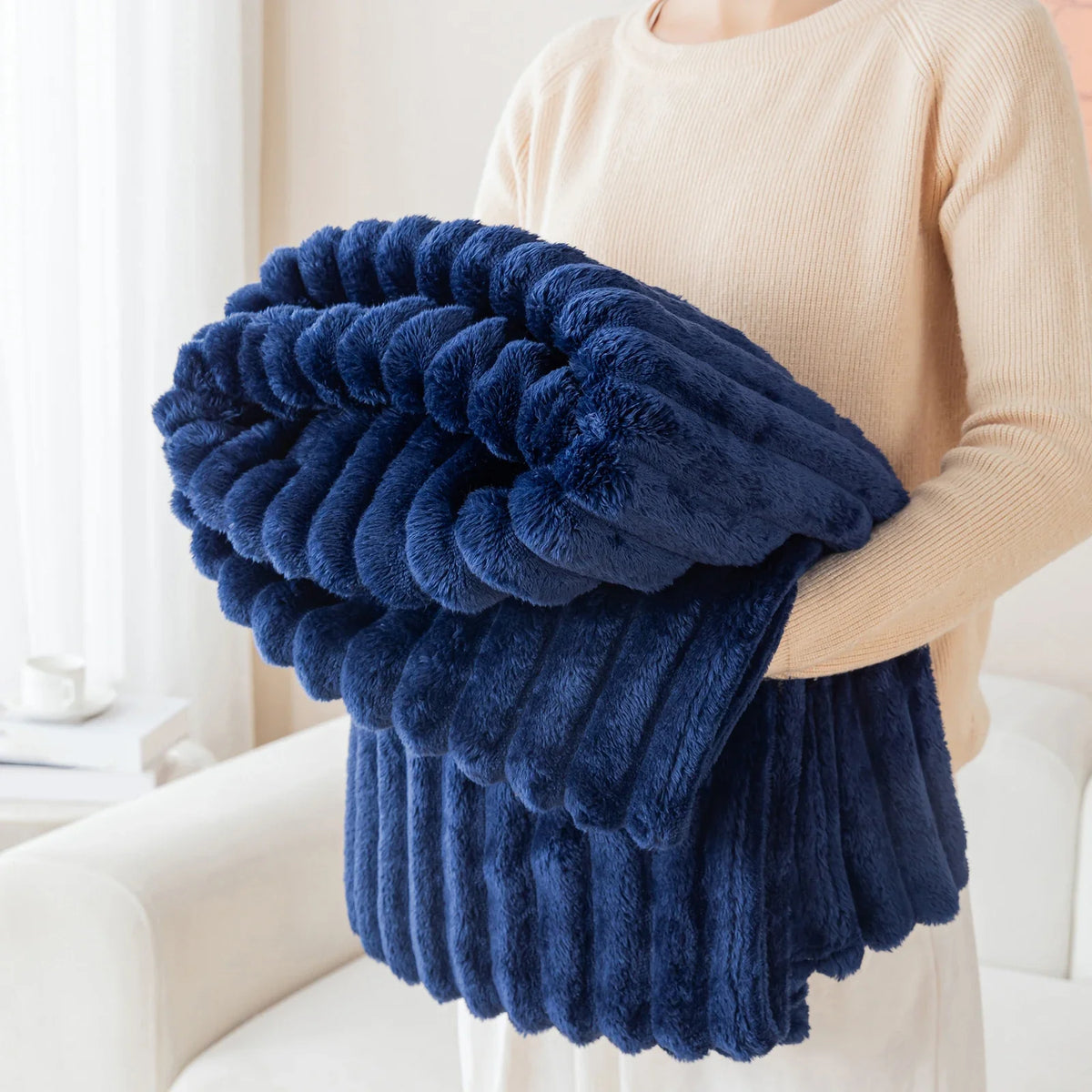 1pc solid color thick wide stripe multifunctional blanket, can be used as bed sheet covering blanket, nap blanket, pet blanket