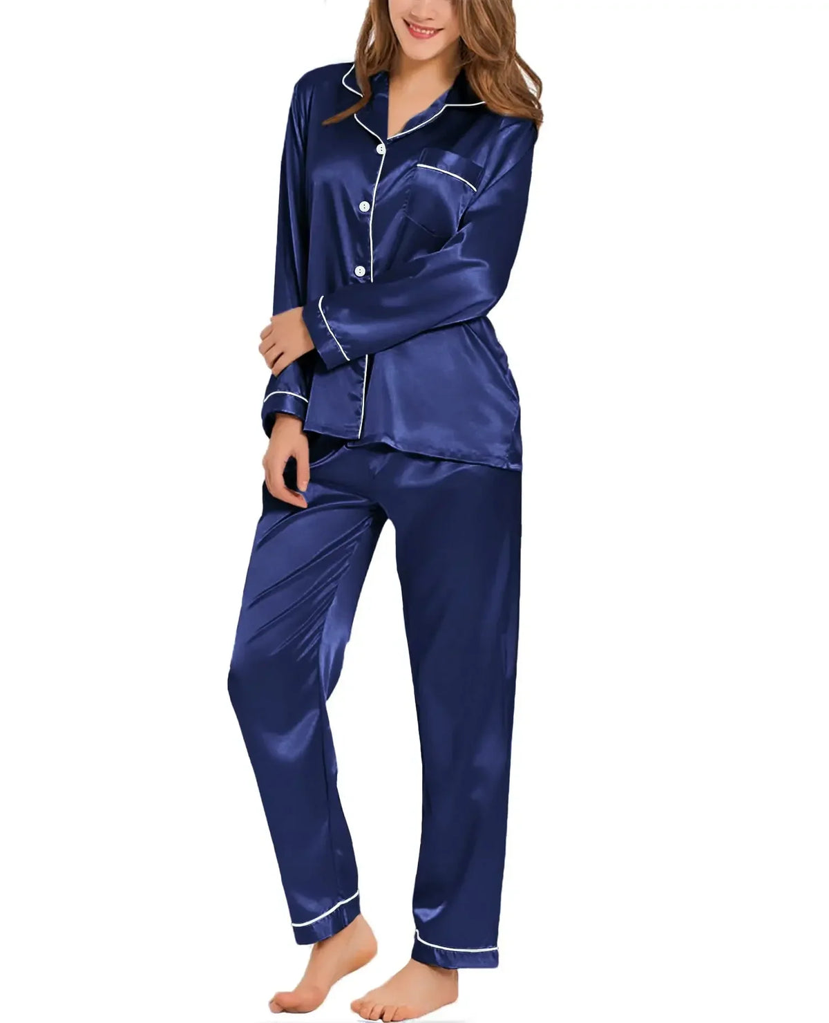 Womens Silk Satin Pajamas Loungewear Two-piece Sleepwear Button-Down Full Sleeve Long  Set