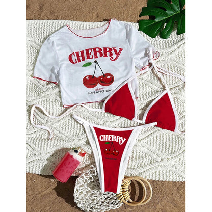 XS -XL Cherry Printed Short Sleeve Bikini Female Swimsuit Women Swimwear Three-pieces Bikini set Bather Bathing Suit Swim V6854