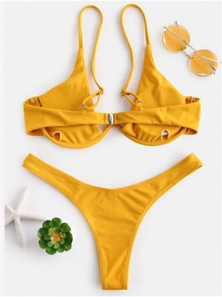 Sexy Underwire Bikini 2026 Mujer Women Solid Red Push Up Bra Thong Swimsuit Haler V Neck Bathing Suit Mini Micro Thong Swimwear