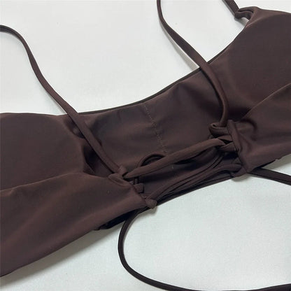 Brown Bandeau Micro Bikini Set Back String Lace-up Sexy Swimsuit Solid Swimwears Woman 2026 High Cut Bathing Suit Bikinis Femmes