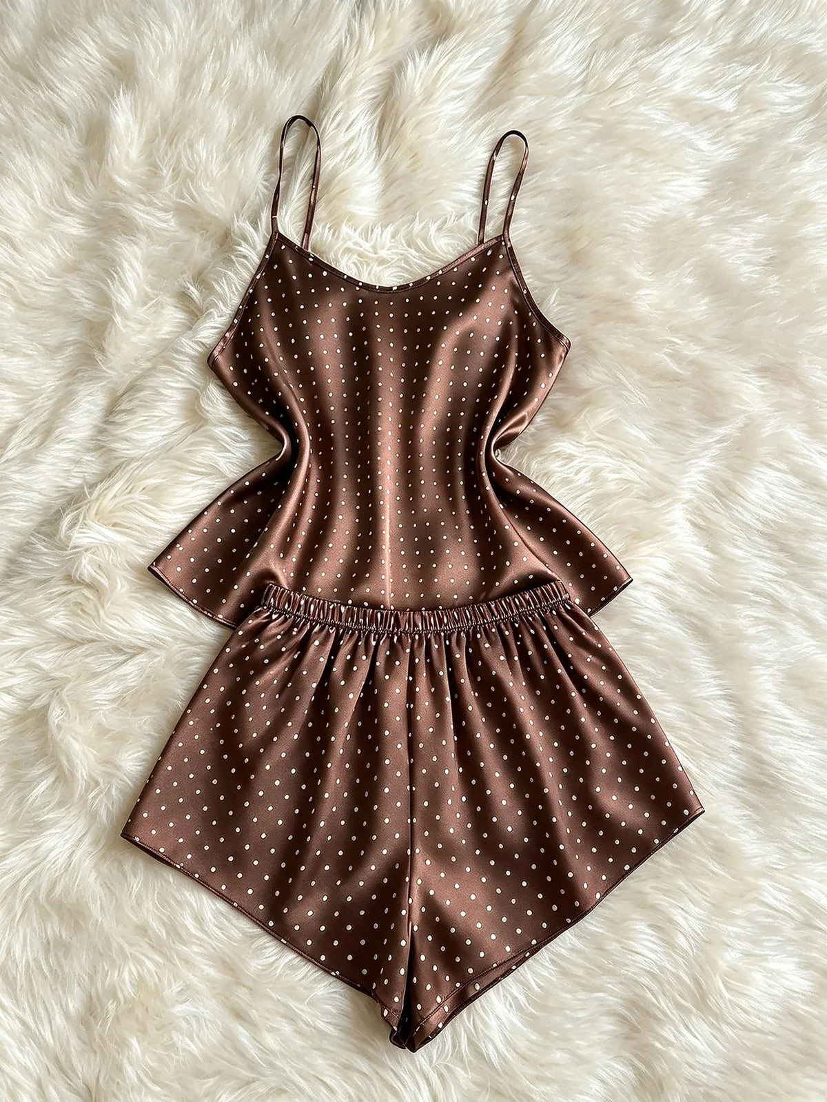 New Fashion Women Polka Dot Print Satin 2Pcs Pajama Set Elegant Round Neck Top Elastic Waist Shorts Ladies Home Sleepwear