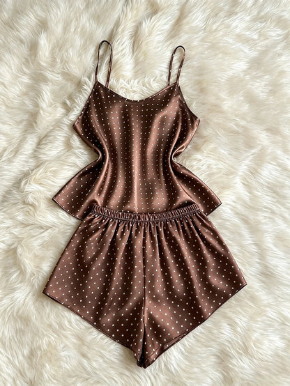 New Fashion Women Polka Dot Print Satin 2Pcs Pajama Set Elegant Round Neck Top Elastic Waist Shorts Ladies Home Sleepwear